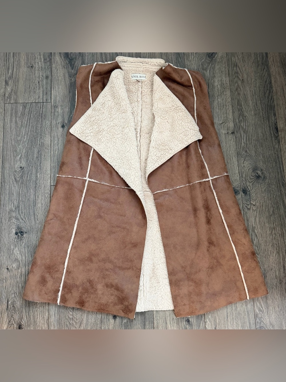 Knox Rose XXL Faux Suede Sherpa Long Vest Brown Cream